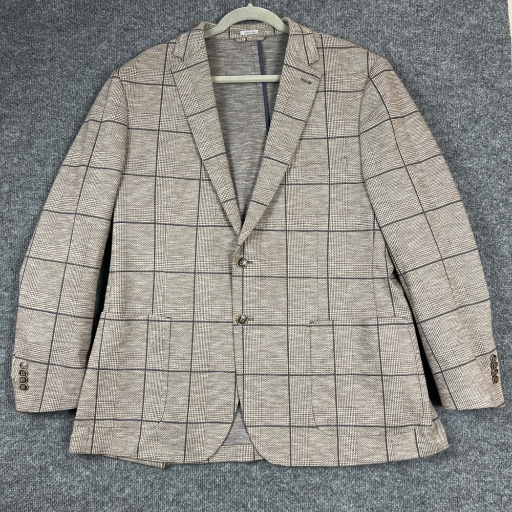 Peter Millar Sport Coat Mens XL Brown Blue Windowpane Plaid Cotton Wool